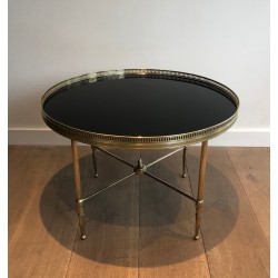 Round Brass Coffee Table with Black Lacquered Glass Top by Maison Jansen, French Work, circa 1940