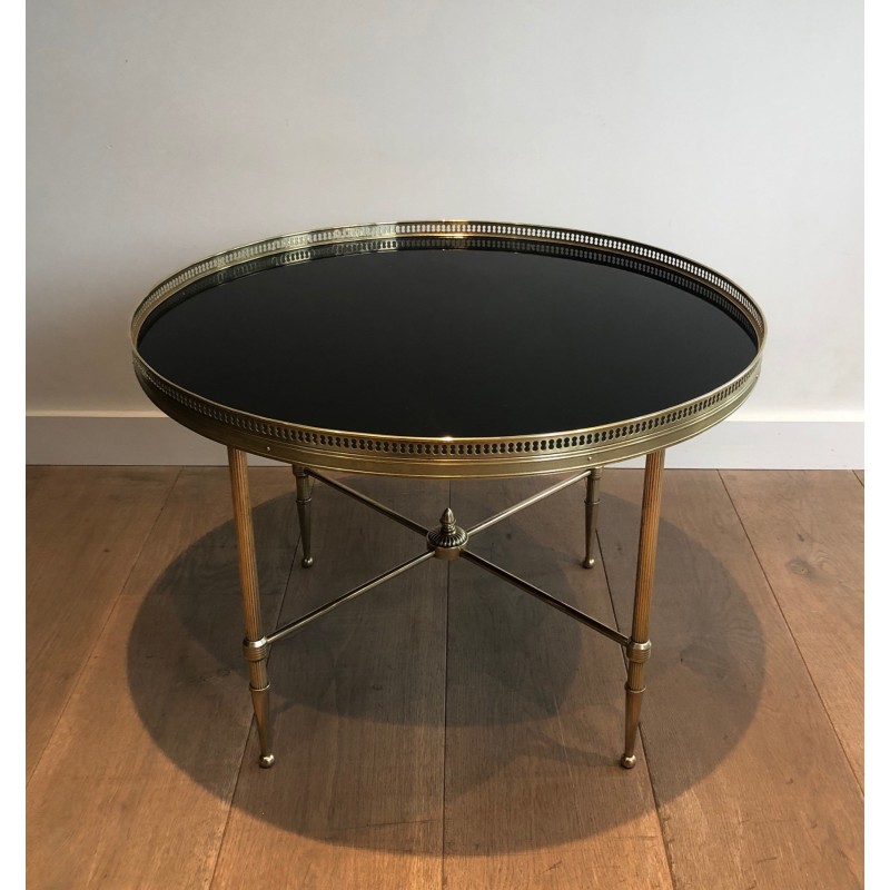 Round Brass Coffee Table with Black Lacquered Glass Top by Maison Jansen, French Work, circa 1940
