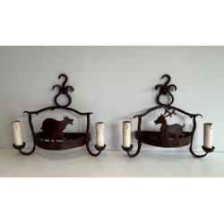 Pair of Wrought Iron Wall lights Showing Animals