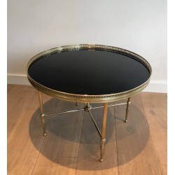 Round Brass Coffee Table with Black Lacquered Glass Top by Maison Jansen, French Work, circa 1940