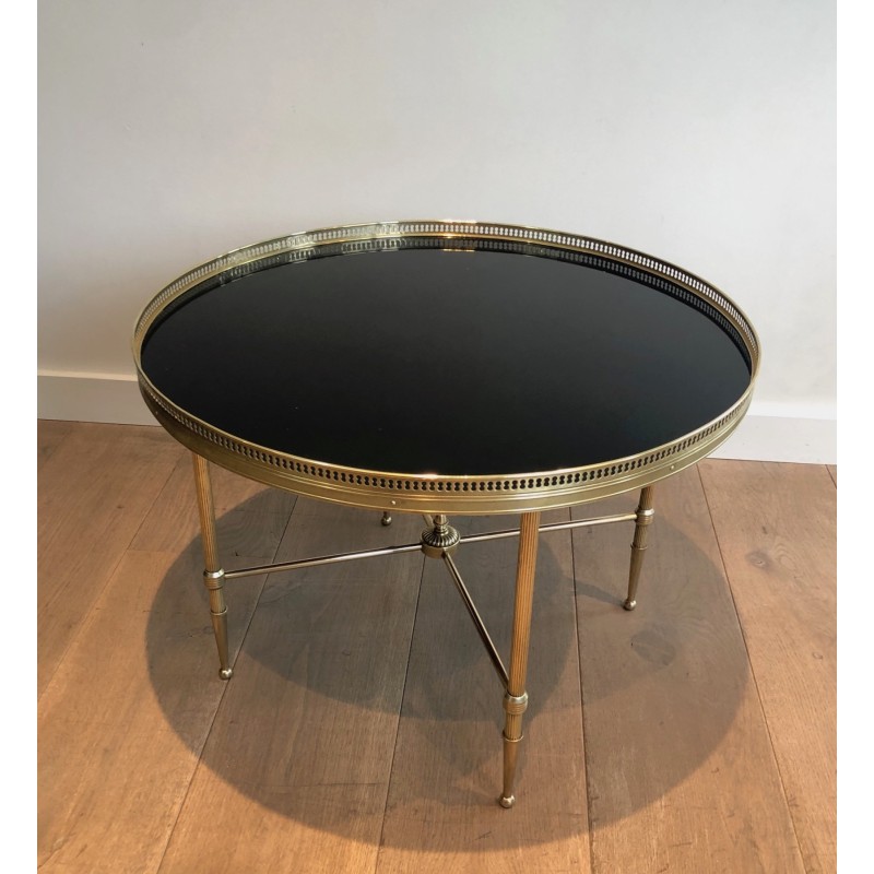 Table Basse Ronde en Laiton et Plateau de Verre Laqué Noir par la Maison Jansen, Travail Français, vers 1940