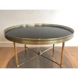 Round Brass Coffee Table with Black Lacquered Glass Top by Maison Jansen, French Work, circa 1940