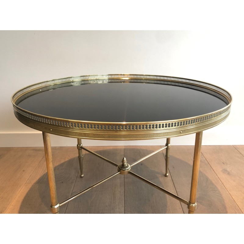 Round Brass Coffee Table with Black Lacquered Glass Top by Maison Jansen, French Work, circa 1940
