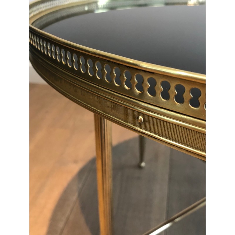 Table Basse Ronde en Laiton et Plateau de Verre Laqué Noir par la Maison Jansen, Travail Français, vers 1940