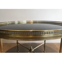 Round Brass Coffee Table with Black Lacquered Glass Top by Maison Jansen, French Work, circa 1940