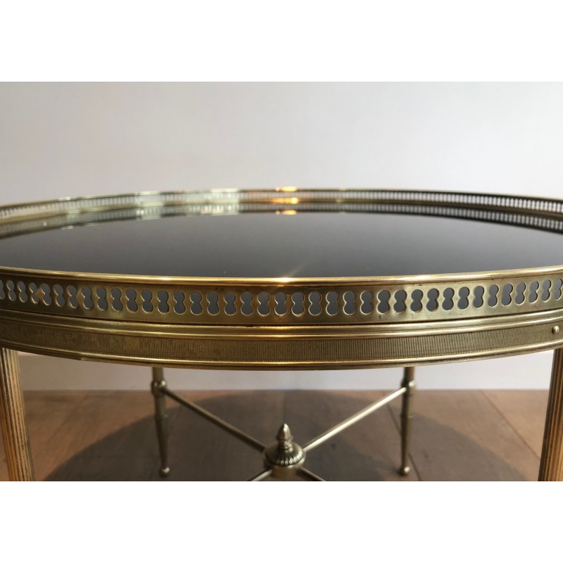 Table Basse Ronde en Laiton et Plateau de Verre Laqué Noir par la Maison Jansen, Travail Français, vers 1940