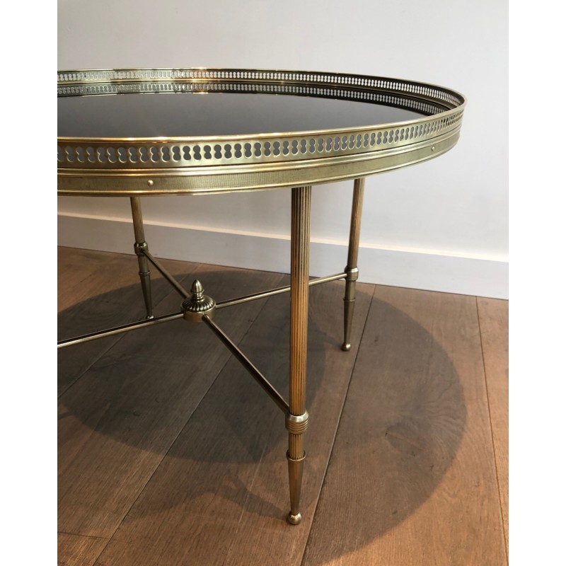 Round Brass Coffee Table with Black Lacquered Glass Top by Maison Jansen, French Work, circa 1940