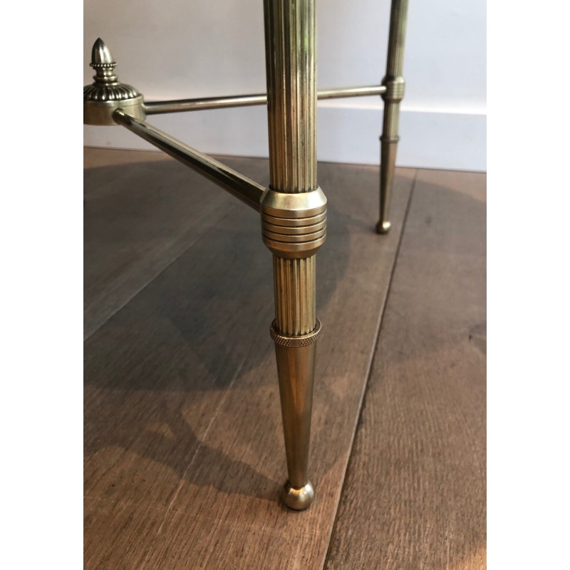 Table Basse Ronde en Laiton et Plateau de Verre Laqué Noir par la Maison Jansen, Travail Français, vers 1940