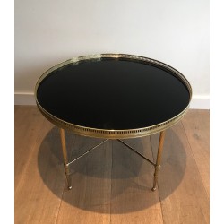Table Basse Ronde en Laiton et Plateau de Verre Laqué Noir par la Maison Jansen, Travail Français, vers 1940