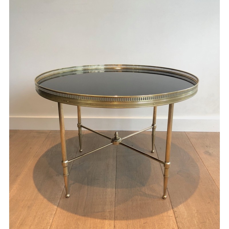 Table Basse Ronde en Laiton et Plateau de Verre Laqué Noir par la Maison Jansen, Travail Français, vers 1940