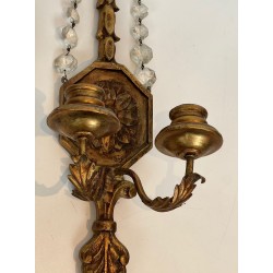 Important Pair of Louis the 16th Style Gilded Carved Wood Wall Sconces with Crystal Garlands