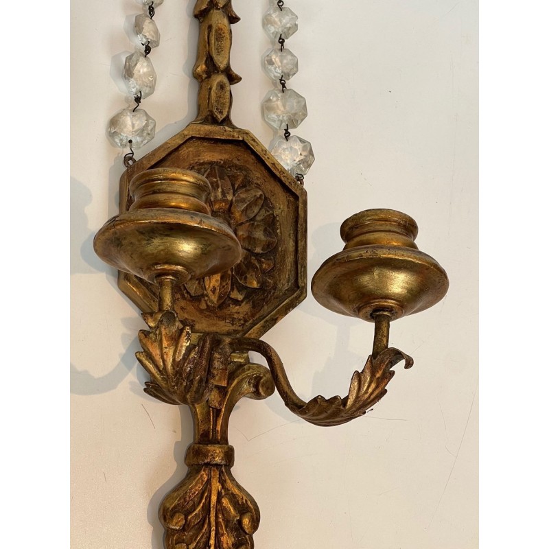 Important Pair of Louis the 16th Style Gilded Carved Wood Wall Sconces with Crystal Garlands