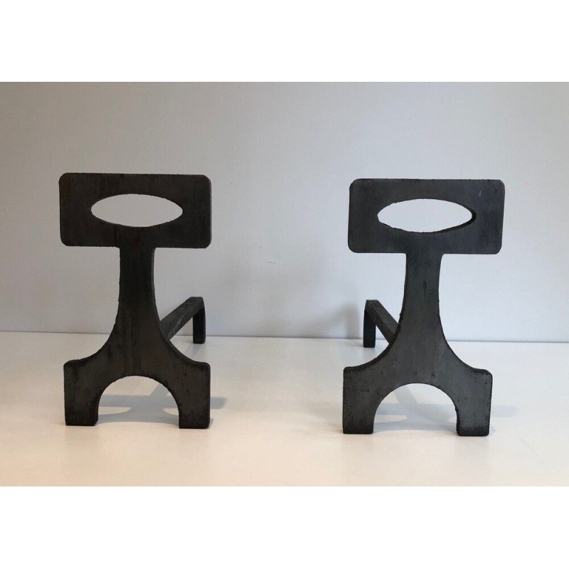 Pair of Modernist Steel and Wrought Iron Andirons, French Work, circa 1970
