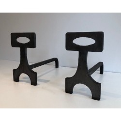 Paire de Chenets Modernistes en Acier et Fer Forgé, Travail Français, vers 1970