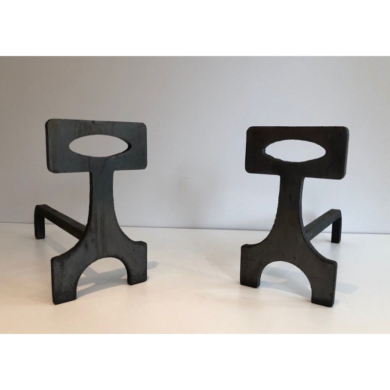 Pair of Modernist Steel and Wrought Iron Andirons, French Work, circa 1970