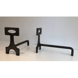 Pair of Modernist Steel and Wrought Iron Andirons, French Work, circa 1970