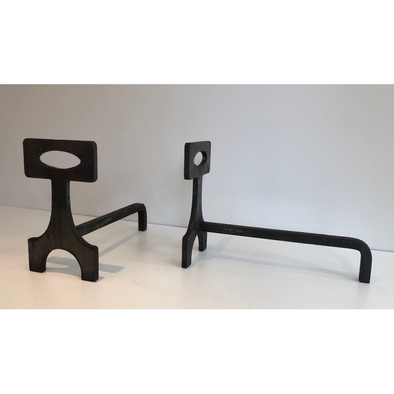 Pair of Modernist Steel and Wrought Iron Andirons, French Work, circa 1970