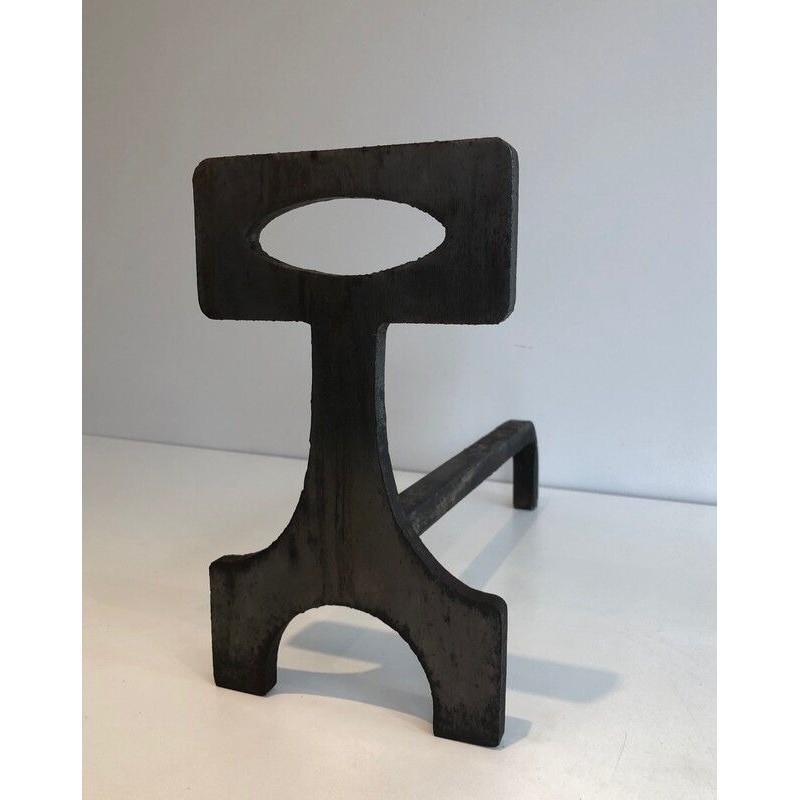 Paire de Chenets Modernistes en Acier et Fer Forgé, Travail Français, vers 1970