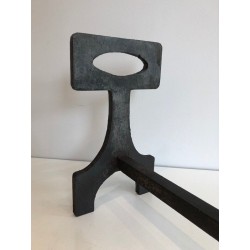 Pair of Modernist Steel and Wrought Iron Andirons, French Work, circa 1970