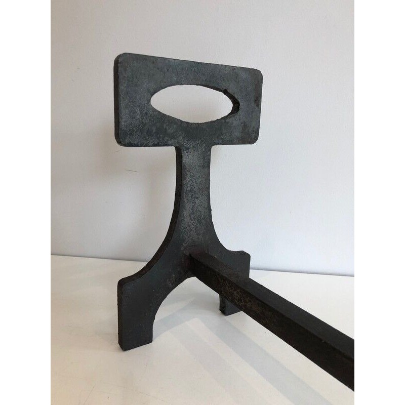 Paire de Chenets Modernistes en Acier et Fer Forgé, Travail Français, vers 1970