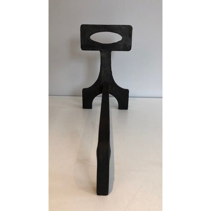 Pair of Modernist Steel and Wrought Iron Andirons, French Work, circa 1970