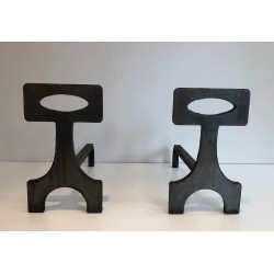 Paire de Chenets Modernistes en Acier et Fer Forgé, Travail Français, vers 1970