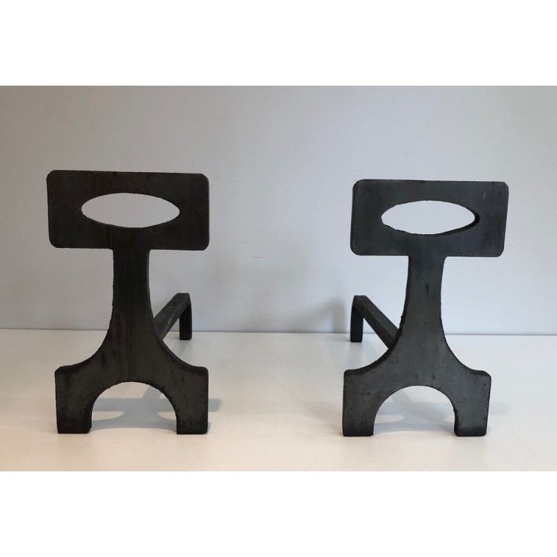 Paire de Chenets Modernistes en Acier et Fer Forgé, Travail Français, vers 1970