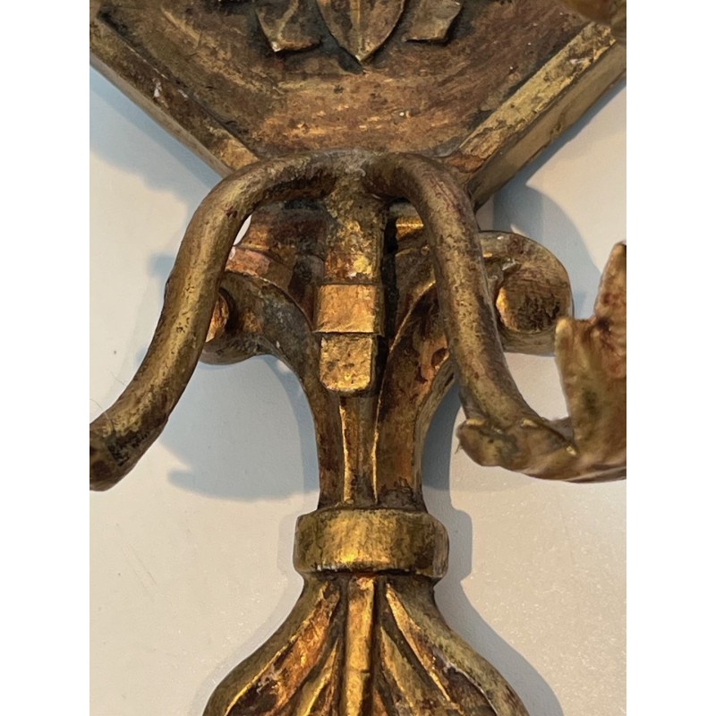Important Pair of Louis the 16th Style Gilded Carved Wood Wall Sconces with Crystal Garlands