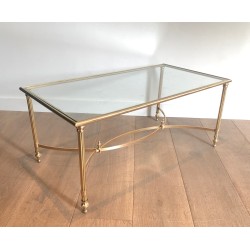 Neoclassical Brass Coffee Table with Glass Shelf by Maison Jansen, French Work, circa 1940