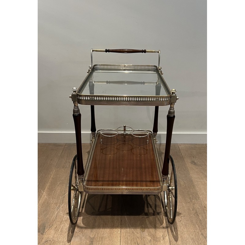 Mahogany and Silvered Brass Drinks Trolley with Removable Trays by Maison Jansen, French Work, circa 1940