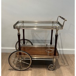 Table Roulante en Acajou et Laiton Argenté à Plateaux Amovibles par la Maison Jansen, Travail Français, vers 1940