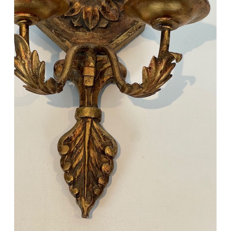 Important Pair of Louis the 16th Style Gilded Carved Wood Wall Sconces with Crystal Garlands
