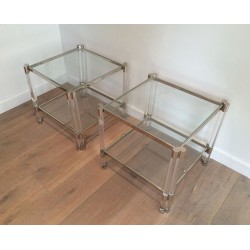 Large Pair of Lucite and Chrome Side Tables, French Work, circa 1970