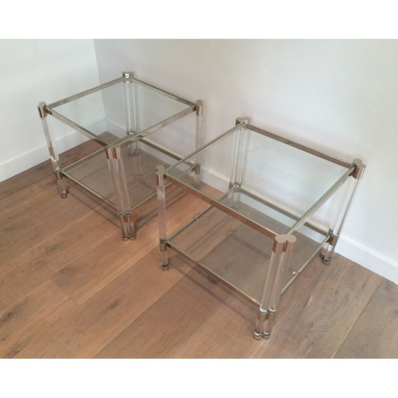 Large Pair of Lucite and Chrome Side Tables, French Work, circa 1970