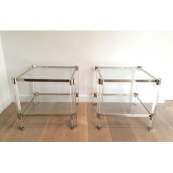 Large Pair of Lucite and Chrome Side Tables, French Work, circa 1970