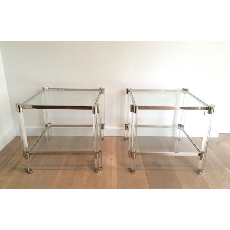 Importante Paire de Bouts de Canapé en Lucite et Chrome, Travail Français, vers 1970