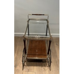Table Roulante en Acajou et Laiton Argenté à Plateaux Amovibles par la Maison Jansen, Travail Français, vers 1940