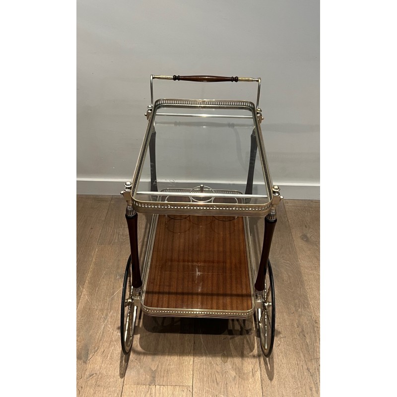 Mahogany and Silvered Brass Drinks Trolley with Removable Trays by Maison Jansen, French Work, circa 1940