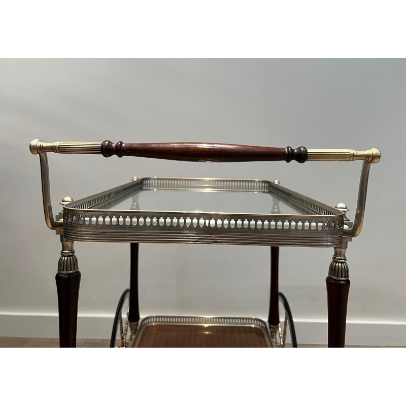 Mahogany and Silvered Brass Drinks Trolley with Removable Trays by Maison Jansen, French Work, circa 1940