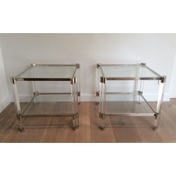 Large Pair of Lucite and Chrome Side Tables, French Work, circa 1970