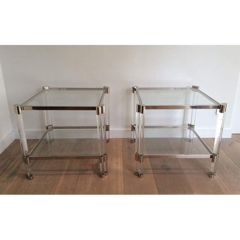 Importante Paire de Bouts de Canapé en Lucite et Chrome, Travail Français, vers 1970