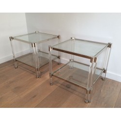 Large Pair of Lucite and Chrome Side Tables, French Work, circa 1970