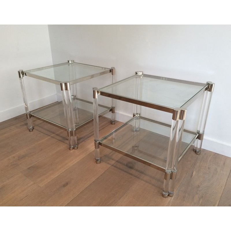 Large Pair of Lucite and Chrome Side Tables, French Work, circa 1970