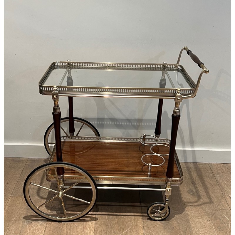 Mahogany and Silvered Brass Drinks Trolley with Removable Trays by Maison Jansen, French Work, circa 1940