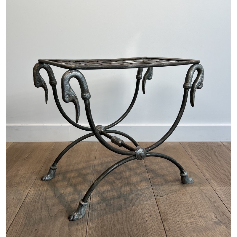 Neoclassical Steel Curule Stool with Duck Head Mounts Attributed to Maison Jansen, French Work, circa 1940