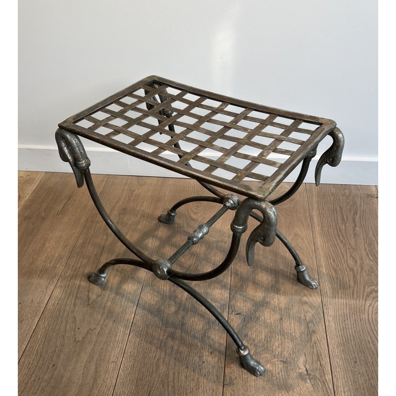 Neoclassical Steel Curule Stool with Duck Head Mounts Attributed to Maison Jansen, French Work, circa 1940
