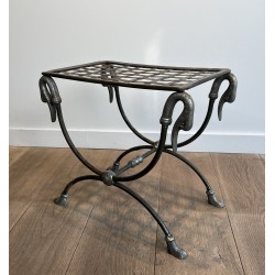 Neoclassical Steel Curule Stool with Duck Head Mounts Attributed to Maison Jansen, French Work, circa 1940