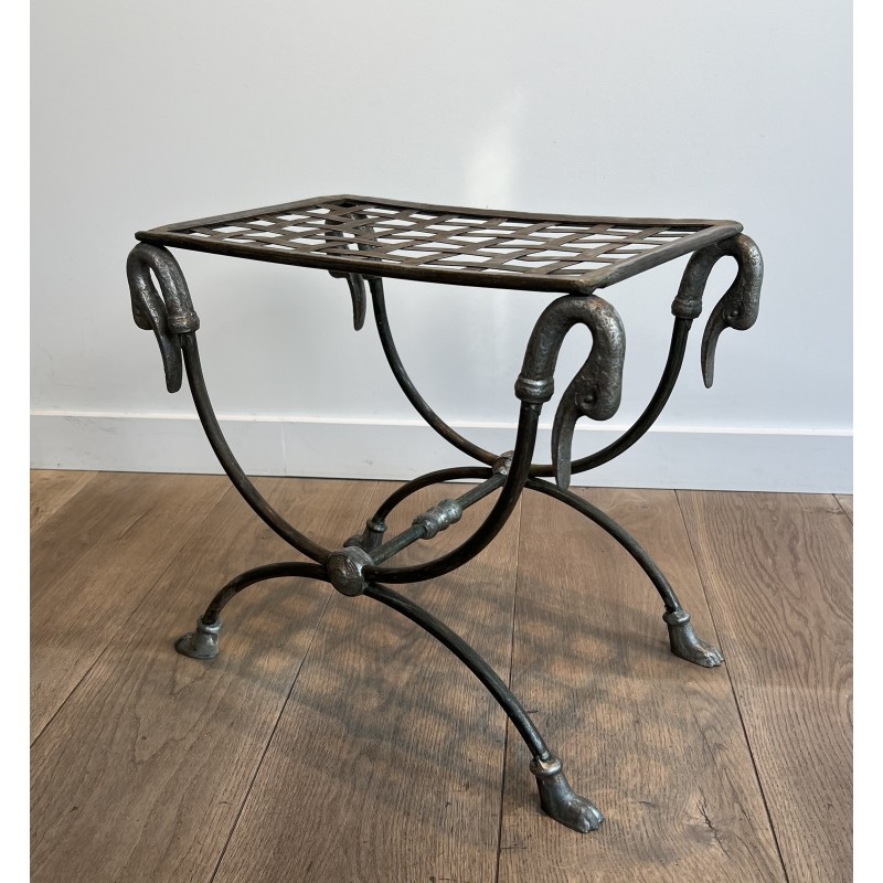 Neoclassical Steel Curule Stool with Duck Head Mounts Attributed to Maison Jansen, French Work, circa 1940