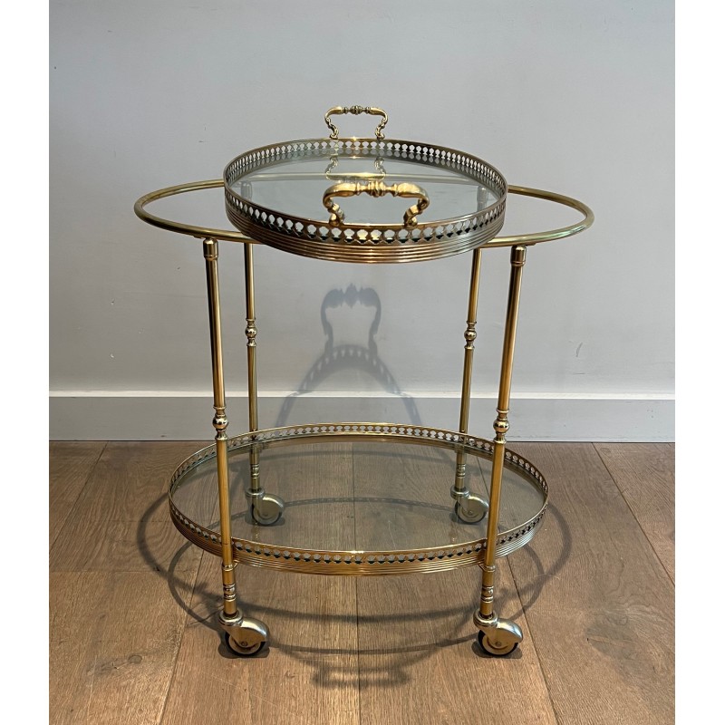 Table Roulante Ovale de Style Néoclassique en Laiton Attribuée à la Maison Jansen, Travail Français, vers 1940