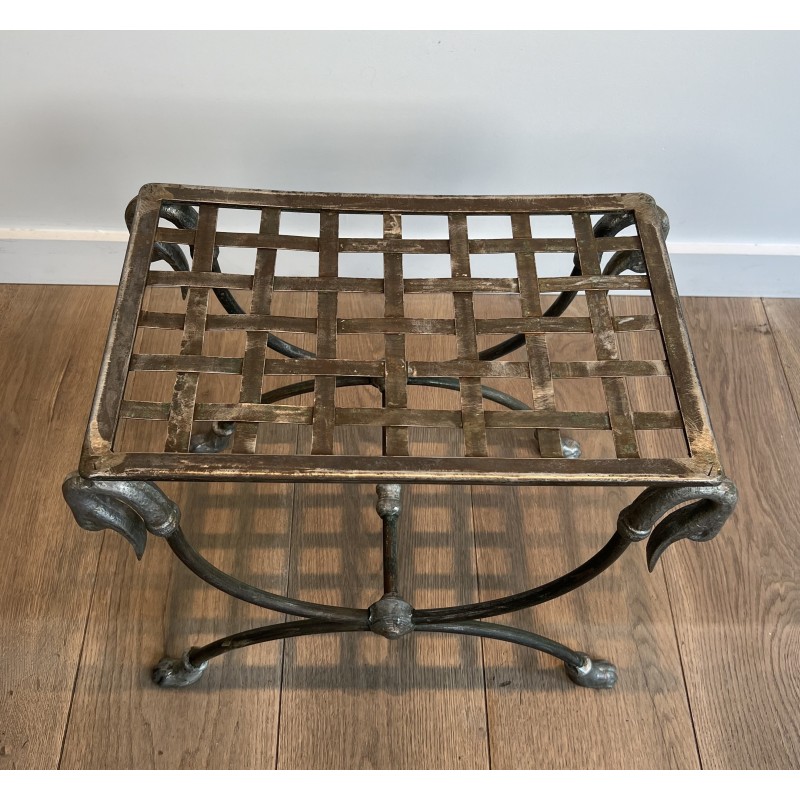 Neoclassical Steel Curule Stool with Duck Head Mounts Attributed to Maison Jansen, French Work, circa 1940